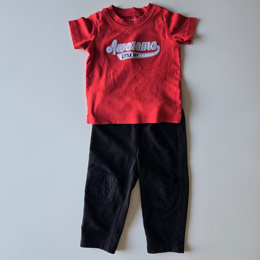 🌺 Carter's Baby Boy 2pc "Awesome LITTLE GUY" Red Shirt & Black Knee Patch Pants